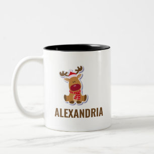 Cute Rudolph reindeer Christmas Custom Name Two-Tone Coffee Mug