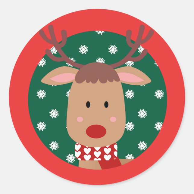 Cute Rudolph Reindeer Christmas Red Green Classic Round Sticker (Front)