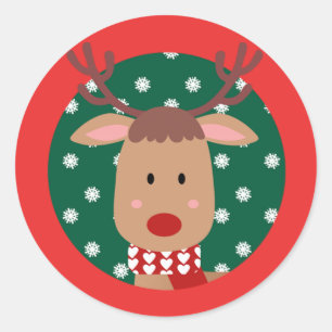 Cute Rudolph Reindeer Christmas Red Green Classic Round Sticker