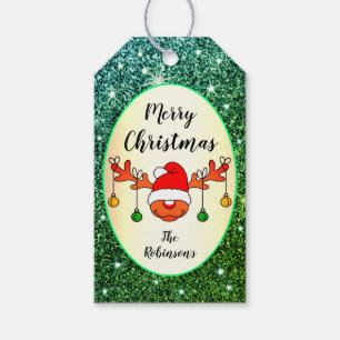Cute Rudolph Reindeer Teal Green Glitter Xmas Deer Gift Tags