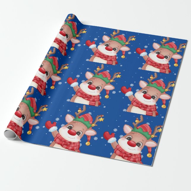 Cute Rudolph The Red Nose Reindeer Wrapping Paper (Unrolled)