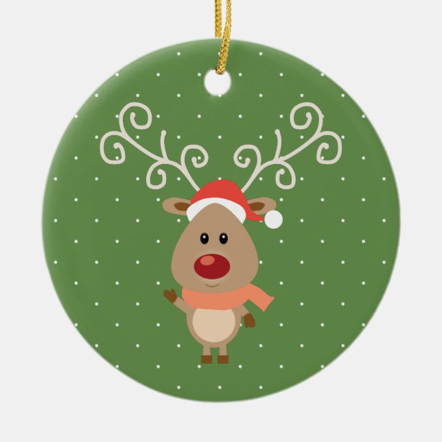 Cute Rudolph the red nosed reindeer cartoon Ceramic Ornament (Front)