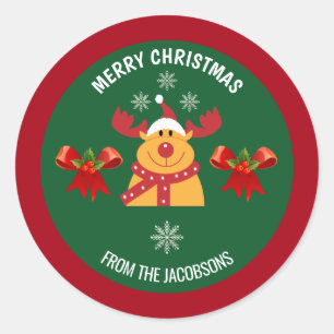 Cute Rudolph the Reindeer Merry Xmas From Family Classic Round Sticker