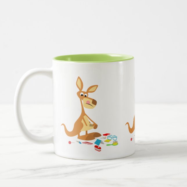 Cute Rummaging Cartoon Kangaroo Two-Tone Coffee Mug (Left)