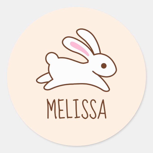 Cute Running Bunny Rabbit Custom Name Beige Classic Round Sticker (Front)
