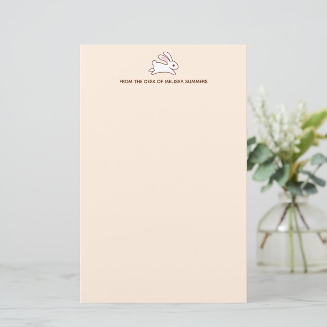 Cute Running Bunny Rabbit Custom Text Beige Stationery (Standing Front)
