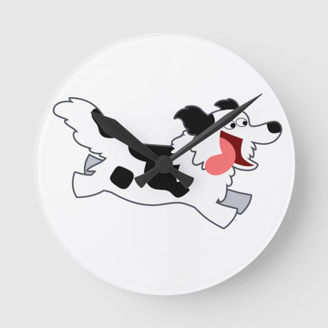 Cute Running Cartoon Border Collie Wall Clock (Front)