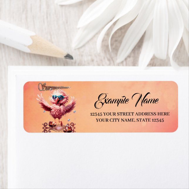 Cute running flamingo welcoming the summertime  return address label (Insitu)