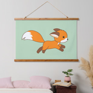 Cute Running Fox on Green Hanging Tapestry