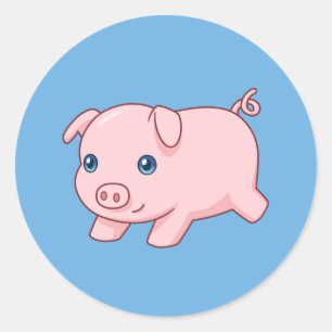 Cute Running Piglet Pig on Blue Classic Round Sticker