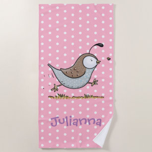 Cute running quail cartoon illustration beach towel