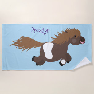 Cute running Shetland pony cartoon illustration  Beach Towel