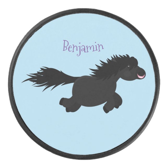 Cute running Shetland pony cartoon illustration Hockey Puck (Front)