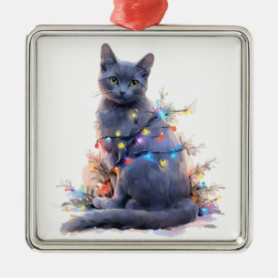 CUTE RUSSIAN BLUE CAT CHRISTMAS HOLIDAY LIGHTS METAL ORNAMENT