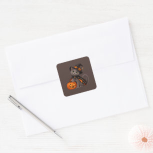 Cute Russian Blue Cat Witch Halloween Square Sticker
