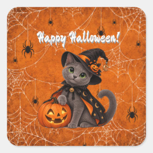 Cute Russian Blue Cat Witch Halloween Square Sticker