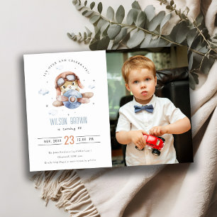 Cute Rust Blue Aeroplane Teddy Stars Photo Birthda Invitation