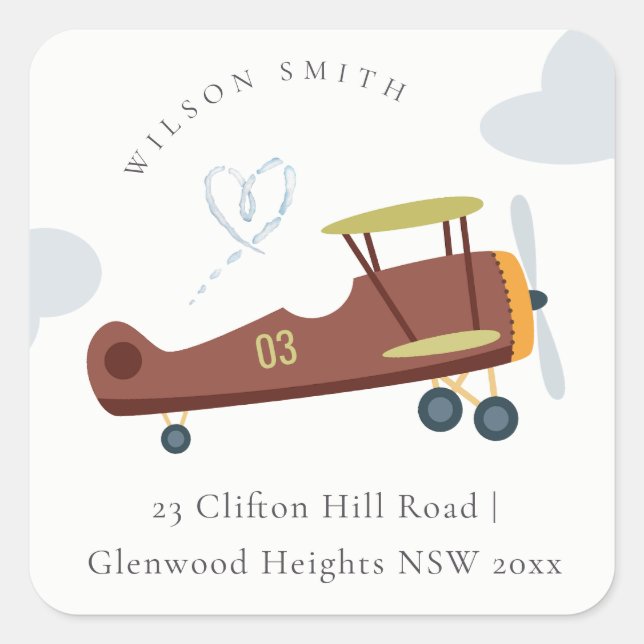 Cute Rust Green Blue Biplane Cloud Heart Address  Square Sticker (Front)