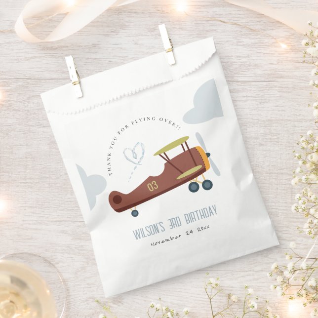 Cute Rust Green Blue Biplane Cloud Heart Birthday Favour Bag (Clipped)
