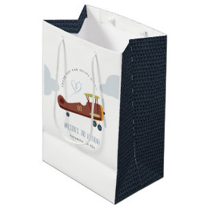 Cute Rust Green Blue Biplane Cloud Heart Birthday Medium Gift Bag