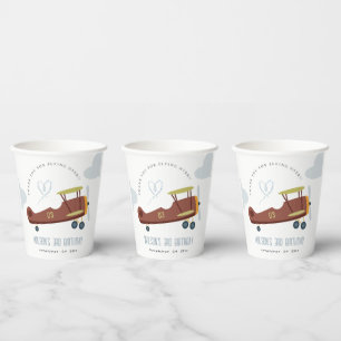 Cute Rust Green Blue Biplane Cloud Heart Birthday Paper Cups