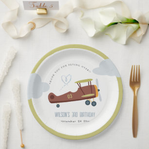 Cute Rust Green Blue Biplane Cloud Heart Birthday Paper Plate