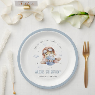 Cute Rust Navy Kids Plane Stars Sky Teddy Birthday Paper Plate