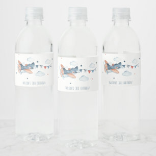 Cute Rust Navy Plane Cloud Stars Kids Birthday Water Bottle Label