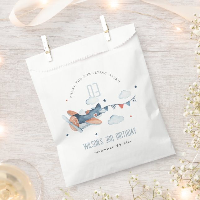 Cute Rust Navy Plane Cloud Stars Sky Birthday Favour Bag (Clipped)