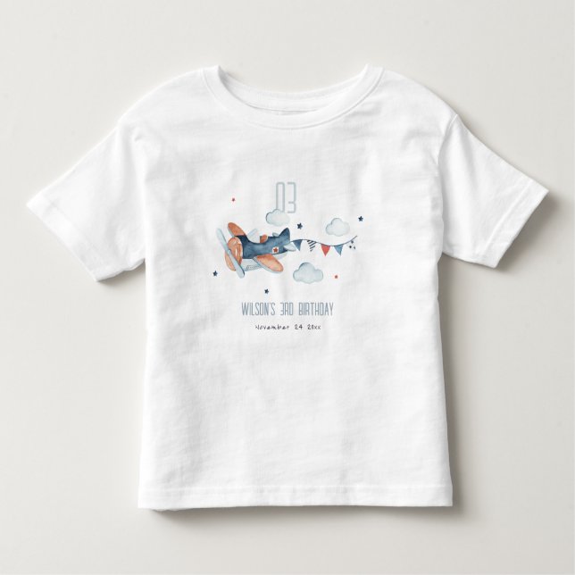 Cute Rust Navy Plane Cloud Stars Sky Birthday Toddler T-Shirt (Front)