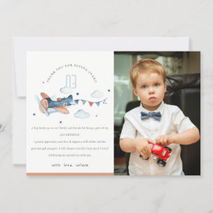 Cute Rust Navy Plane Clouds Kids Photo Birthday Thank You Card