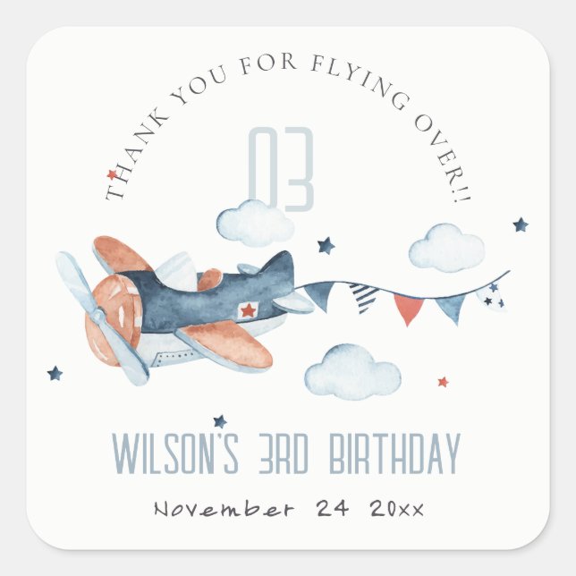 Cute Rust Navy Plane Garland Stars Cloud Birthday  Square Sticker (Front)