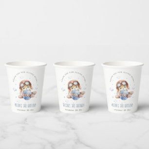Cute Rust Navy Plane Teddy Cloud Stars Birthday Paper Cups