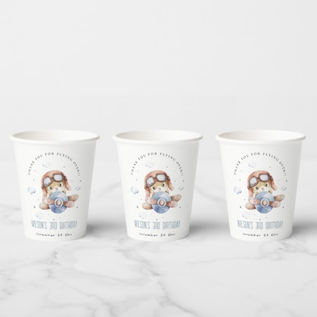 Cute Rust Navy Plane Teddy Cloud Stars Birthday Paper Cups (Multi)