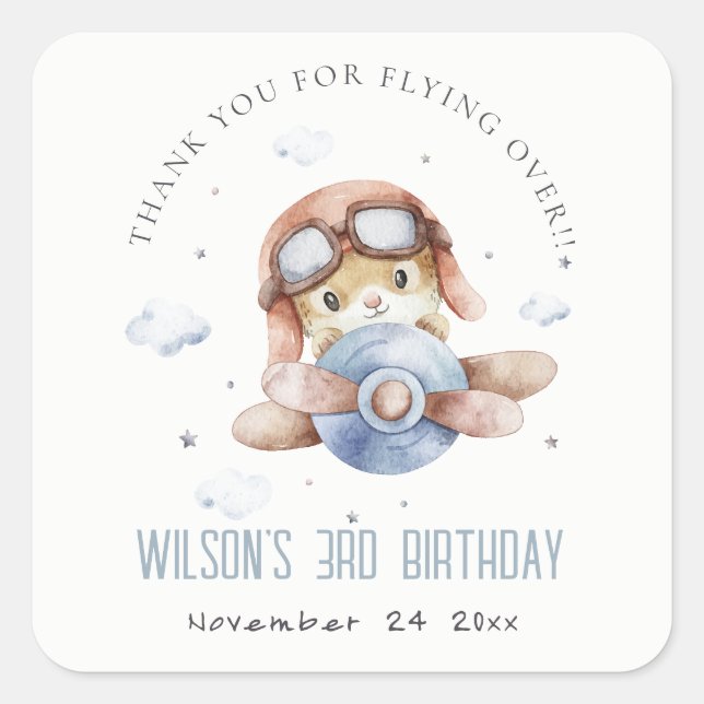 Cute Rust Navy Plane Teddy Stars Cloud Birthday Square Sticker (Front)