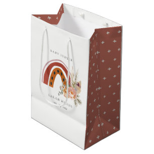 Cute Rust Orange Boho Floral Rainbow Baby Shower Medium Gift Bag