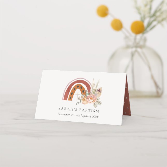 Cute Rust Orange Boho Floral Rainbow Cross Baptism Place Card (Front)