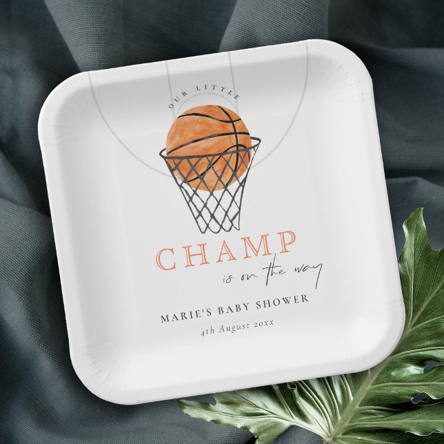 Cute Rust Our Little Champ Basketball Baby Shower Paper Plate (Creator Uploaded)