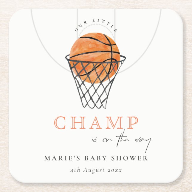 Cute Rust Our Little Champ Basketball Baby Shower Square Paper Coaster (Front)