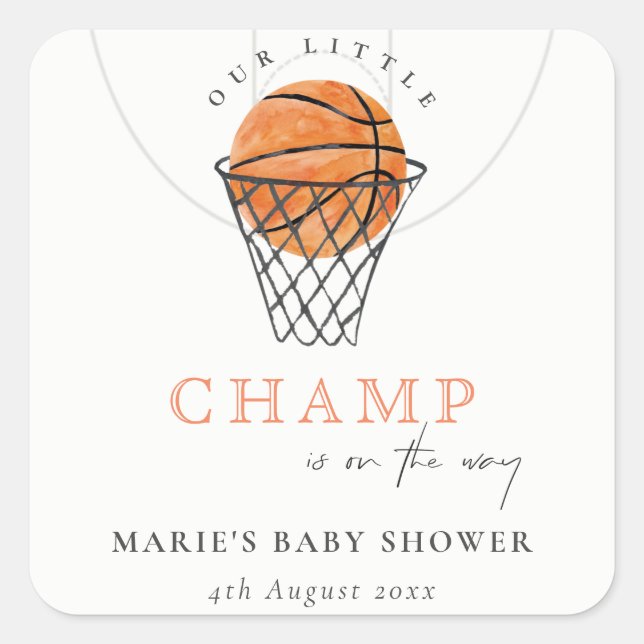 Cute Rust Our Little Champ Basketball Baby Shower Square Sticker (Front)