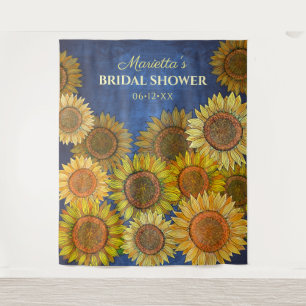 Cute Rustic Boho Sunflower Navy Blue Bridal Shower Tapestry