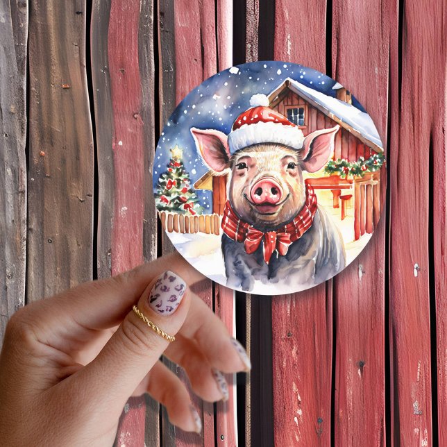 Cute Rustic Christmas Pig and Barn Large Classic Round Sticker (Creator Uploaded)