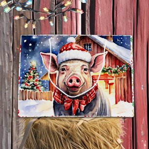 Cute Rustic Christmas Pig and Barn Large Gift Bag
