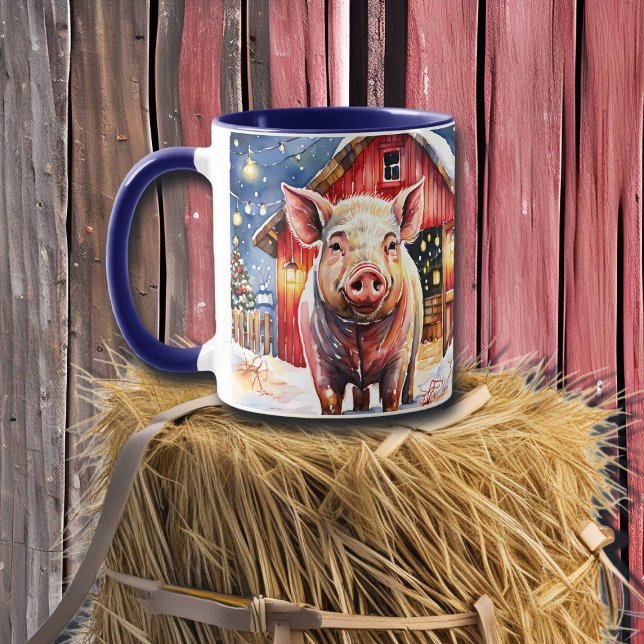 Cute Rustic Christmas Pig and Barn Mug (Creator Uploaded)