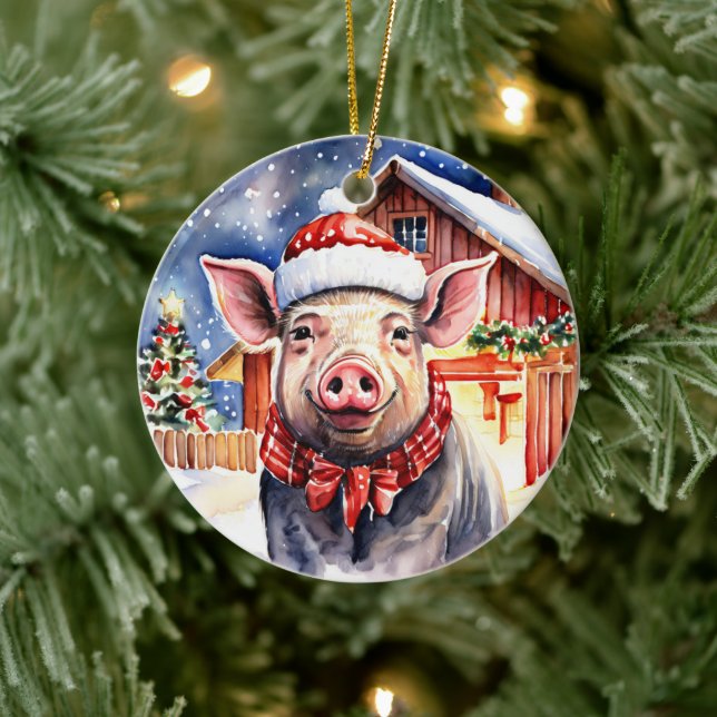 Cute Rustic Christmas Pig and Barn Personalised Ceramic Ornament (Tree)
