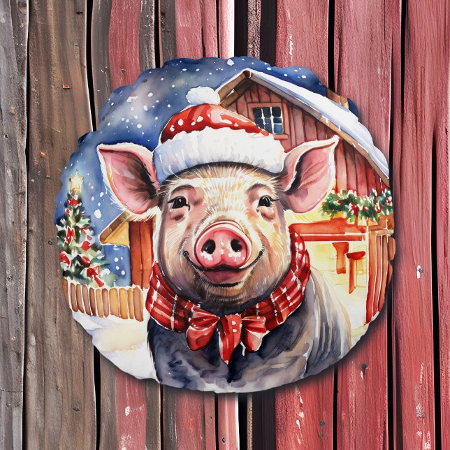 Cute Rustic Christmas Pig and Barn  Round Cushion (Creator Uploaded)
