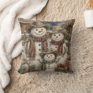 Cute Rustic Cowboy Snowman Family Christmas Cushion