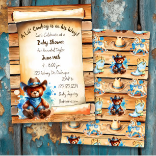 Cute Rustic Cowboy Teddy Bear Boy's Baby Shower Invitation