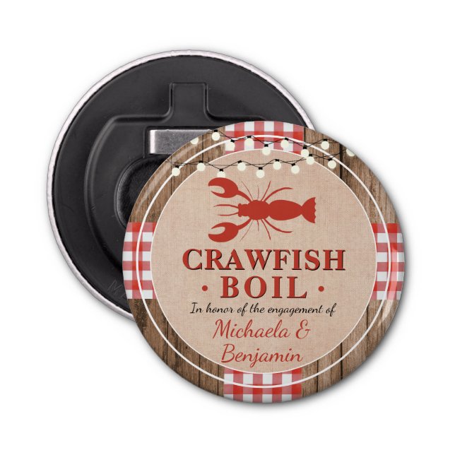 Cute Rustic Crawfish Boil Lobster Party Engagement Bottle Opener (Front)