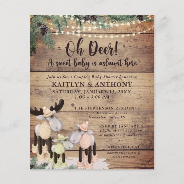 Cute Rustic Deer Couple Baby Shower Budget Invite (Front)